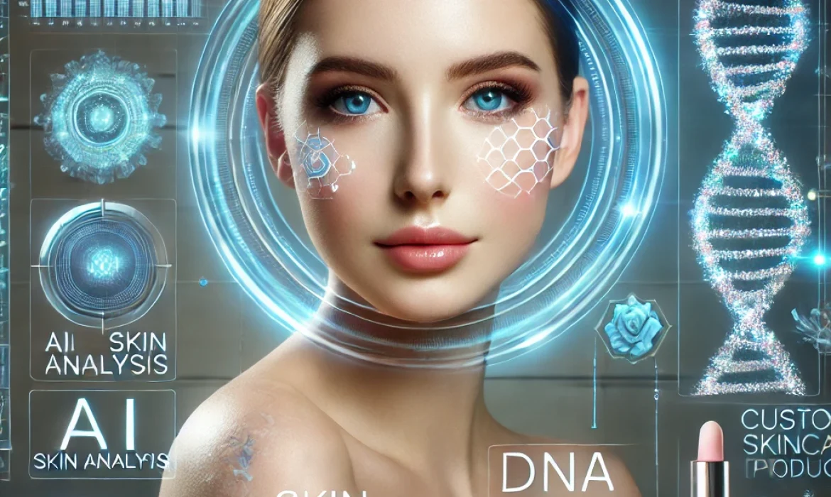 DALL·E 2024-12-17 11.48.17 - An elegant and futuristic image showcasing personalized skincare technology. A woman with glowing, healthy skin is surrounded by holographic screens d